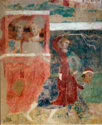 Vzestupy a pády zasvěcení mladého muže do tajemství lásky, detail, počátek 14. století (freska)