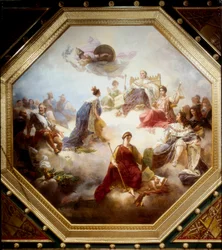 Francie, uprostřed zákonných králů a francouzských juronsultů, přijímá ústavní chartu od Louise XVIII, strop místnosti Camondo, Louvre, Paříž