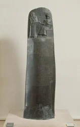 Chammurapiho zákoník: bůh Šamaš diktuje své zákony Chammurapimu, králi Babylonu, nalezeno v Súzách v Íránu, kolem roku 1750 př. n. l.