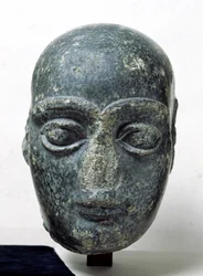 Hlava muže, známého jako Gudea s vyholenou hlavou, z Telloh (starověké Girsu) Neo-Sumerian, asi 2120 př.nl (diorit)