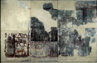 Mezopotámie: palác Zimrilima, malba investitury: zobrazení okřídleného býka, sfingy a gryfa. Sejmutá freska z vlády Zimri-Lima (Zimri Lim) (asi 1782-1759 př. n. l.) z Mari. Paříž, muzeum Louvre.