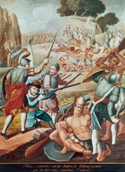 Dobytí Mexika: bitva proti Hernandu Cortesovi (Hernan Cortez) (1485-1547) proti Indiánům z Tabasca v roce 1519"" Obraz mexické školy