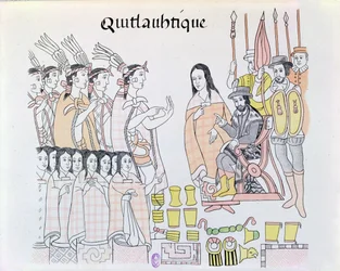La Malinche (Doña Marina) jako tlumočnice při předání žen a zlata Montezumou (1466-1520) Hernandu Cortésovi (1485-1547), ilustrace z faksimile mexického indiánského obrazu