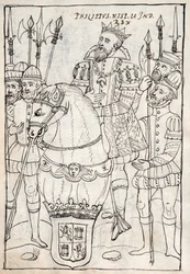 MS Hunter 242 f.249v Philip II sedí na koni, nosí řád Zlatého rouna, obklopený ozbrojenci, ilustrace z Historia de Tlaxcala od Diega Munoze Camarga (pero a inkoust