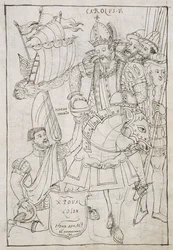 Ms Hunter 242 f.249r Christopher Columbus (1451-1506) Symbolicky nabízí Karlu V. (1500-08) Nový svět z Historia de Tlaxcala od Diega Munoze Camarga