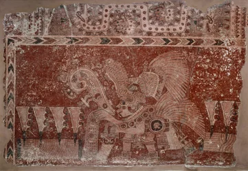 Fragment nástěnné malby s elitním samcem a listy kaktusu Maguey, styl Teotihuacán, klasické období, 500-550