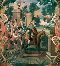 Scéna převzatá z „Don Quijote of the Channel“ (Důmyslný gentleman Don Quijote of La Mancha) od Miguela de Cervantes Saavedra (1547-1616)