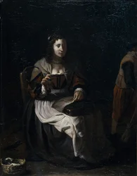 Žena šijící (olej na plátně)