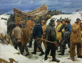 Záchranný člun je přepravován přes duny, 1883