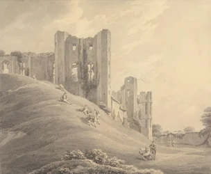 Hrad Kenilworth s postavami na úbočí kopce