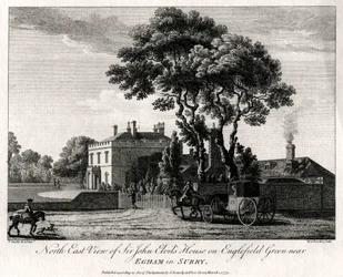 Severovýchodní pohled na dům sira Johna Elvilse na Englefield Green poblíž Egham v Surry, 1775