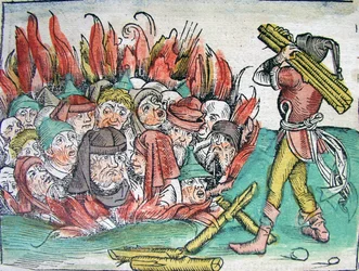 Upálení Židů v Deggendorfu v roce 1338 podle Schedelsovy kroniky světa, 1493.