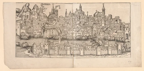 Norimberská kronika: Topografický pohled na Basilej, Švýcarsko, 1493.