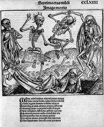 Scéna děsivého tance, s kostrami, -v „“ Kronikách Norimberku““ od Hartmanna Schedela (1440-1514), editoval v Norimberku Anton Koberger, 12. července