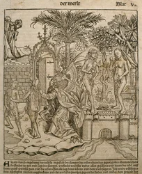Adam a Eva, ilustrace z „Liber Chronicarum“ od Hartmanna Schedela (1440-1514) vydaného v Norimberku, 1493
