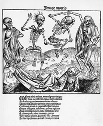 Danse Macabre, ilustrace z „Liber Chronicarum“ od Hartmanna Schedela (1440-1514) Norimberk, vydáno 1493