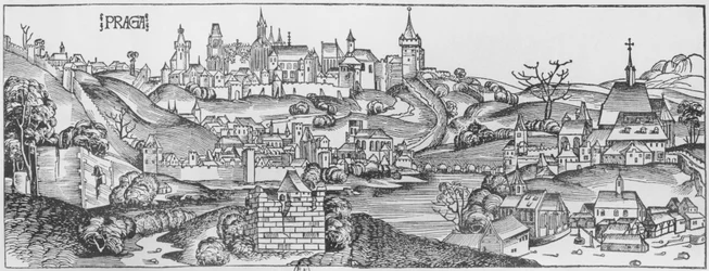 Pohled na Prahu, ilustrace z knihy "Liber Chronicarum" od Hartmanna Schedela (1440-1514) vydané v Norimberku, 1493.
