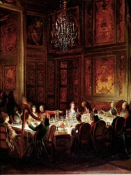Večeře prince Louise Francoise de Conti, Palác chrámu”” Detail. Obraz Michela Barthelemyho Olliviera (1712-1784) 1766 Ne. 0,56x0,71 Versailles, musee du chateau