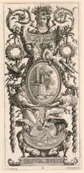 Okrasný panel s hlavou lemovanou listovím, deska 11 z Okrasného panelu s hlavou lemovanou listovím, z Livre de Diverses Grotesques peintes dans le Cabinet et Bains de la Reyne Regente, au Palais Royale