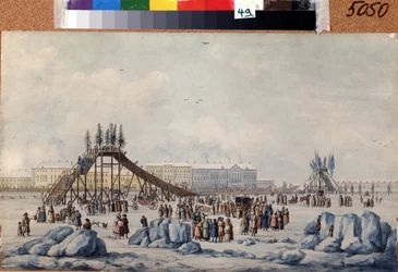 Skluzavka na Něvě o masopustu. Dílo Michela Françoise Damama Demartraita (1763-1827). Akvarel a inkoust na papíře, kolem roku 1810, 33 x 54 cm, francouzské umění, klasicismus. Pamětní muzeum A. Puškina