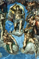 Kristus, detail z "Posledního soudu" v Sixtinské kapli, 16. století, s Michelangelovým autoportrétem jako svatým Bartolomějem držícím staženou kůži