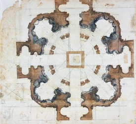 Plán baziliky San Giovanni dei Fiorentini v Římě, cca 1559, kresba Michelangelo Buonarroti (1475-1564), Itálie
