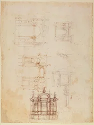 Studie pro architektonickou kompozici v podobě vítězného oblouku, cca 1516 (černá křída s perem a hnědým inkoustem na papíře) (recto) (obr. 191776)