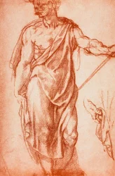 Studie zahalené mužské postavy; kresba Leonarda da Vinci. Gabinetto dei Disegni e delle Stampe, galerie Uffizi, Florencie