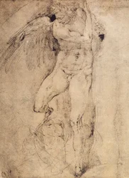 Studie anděla pro Poslední soud: kresba Michelangelo. Casa Buonarroti, Florencie