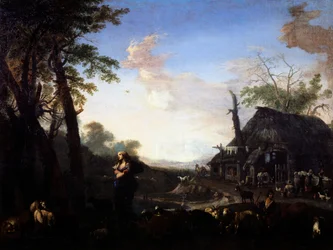 Erminia mezi pastýři, Michelangelo Cerquozzi známý jako Michelangelo delle Battaglie (1602-1660), olej na plátně, 75x97 cm.