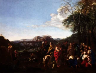 Kázání Jana Křtitele, od Michelangela Cerquozziho známého jako Michelangelo delle Battaglie (1602-1660), olej na plátně, 76x100 cm.