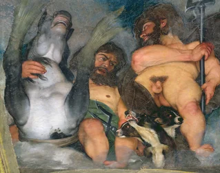 Alegorie živlů, vesmíru a znamení zvěrokruhu, detail Neptuna a Tritona s Kerberem, tříhlavým psem, 1597, detail 107109