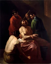 Korunování trním, obraz Michelangela Merisiho zvaného Caravaggio nebo il Caravaggio (1571-1610) (nedávno připsáno). Rozměry: 203 x 166 cm. Janov, Chiesa di San Bartolomeo della Certosa