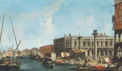 Vstup na Velký kanál v Benátkách s Piazettou a Libreria Marciana vpravo, Dogana a Santa Maria della Salute vlevo.
