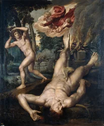 La mort de Abel - Smrt Abela - Peinture de Michiel Coxcie (Coxie, Coxien, De Coxien, De Coxcie, Coxius, Van Coxcie) (1499-1592), po 1539 - Olej na dřevě