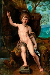 ""Representation de saint jean Baptiste"" (Saint John the Baptist) Peinture de Michael Coxcie (Michiel Coxien) (De Coxien, De Coxcie, Coxius, Van Coxcie et Coxie) (1499-1592) 16eme siecle Olej na dřevě Rozměr 104x7 cm Soukromá sbírka