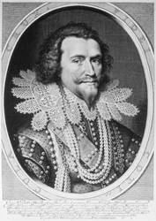 Portrét George Villierse, 1. vévody z Buckinghamu (1592-1628), vyrytý Willemem Jacobszem. Delff (1580-1638) 1626 (rytina) (černobílá fotografie)