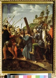 Kristus nesoucí kříž. (Kristus nesoucí kříž). Obraz Michaela Sittowa (1460 nebo 1468-1525). Olej na plátně, 37,5 x 28,3 cm, cca 1518-1525. Nizozemské umění, renesance. Puškinovo muzeum výtvarných umění, Moskva.