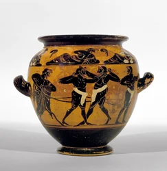 Attický černofigurový stamnos s vyobrazením boxerů, asi 520-500 př. n. l. (keramika) (viz také 100575)