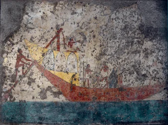 Egyptská antika: "" Egyptská vojenská loď "" Freska z hrobky. 2000 před naším letopočtem. Turín, Museo Egizio