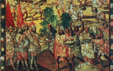 Detail Hernana Cortese (1485-1547) vchází do Cempoal a přijímá náčelníka Gorda (Quauhtlaebana), který dává maso a dárky všem Španělům