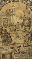 Dobytí Mexika Hernanem Cortesem par Gonzalezem, Miguelem a Juanem (aktivní konec 17. stol.). Olej na dřevě