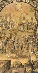 Dobytí Mexika Hernanem Cortesem par Gonzalezem, Miguelem a Juanem (aktivní konec 17. stol.). Olej na dřevě, rozměr: 97x53