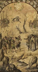 Dobytí Mexika Hernanem Cortesem par Gonzalezem, Miguelem a Juanem (aktivní konec 17. stol.). Olej na dřevě, rozměr: 97x53