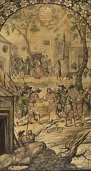 Dobytí Mexika Hernanem Cortesem par Gonzalezem, Miguelem a Juanem (aktivní konec 17. stol.). Olej na dřevě, rozměr: 97x53