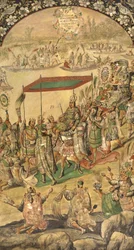 Uvítání Montezumy (Moctezuma, Moteuczoma, Motecuhzoma) (1466-1520) - Dobytí Mexika Hernanem Cortesem par Gonzalezem, Miguelem a Juanem (aktivní konec 17. stol.). Olej na dřevě, rozměr: 97x53