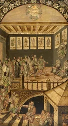 Návštěva Hernanda Cortese (1485-1547) v Montezumě (Moctezuma, Moteuczoma, Motecuhzoma) (1466-1520) v roce 1520 - Dobytí Mexika Hernanem Cortesem par Gonzalez, Miguel a Juan (aktivní konec 17. stol.). Olej na dřevě, rozměr: 97x53