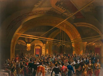 Korunovační hostina pro vyslance ve Zlatém sále Velkého kremelského paláce, Moskva, 1856