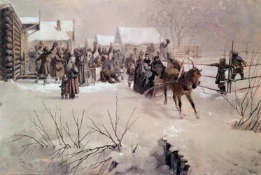 Car Alexander II (1818-1881) na saních křižuje vesnici pod sněhem Akvarel od Mihaly von Zichy (1827-1906) 19. století Petrohrad, Chateau de Peterhof