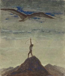 Znamení Střelce (Z cyklu ""Zodiac") par Ciurlionis, Mikalojus Konstantinas (1875-1911). Tempera na papíře, rozměr : 35,3x30,1